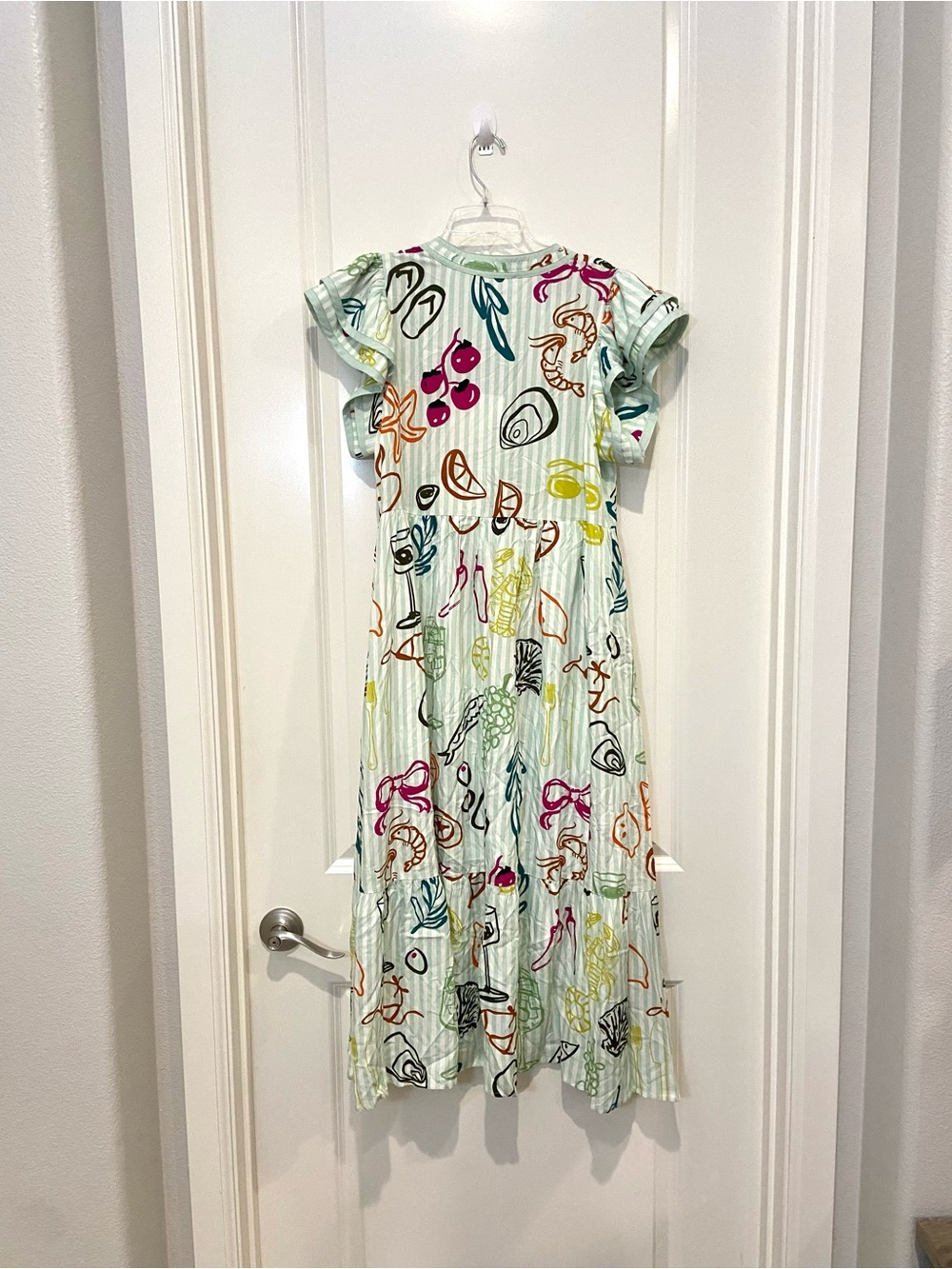 New Nautical Mint Green Stripe Midi Dress with Whimsical Seashell Cherry Pattern - Picture 3 of 5
